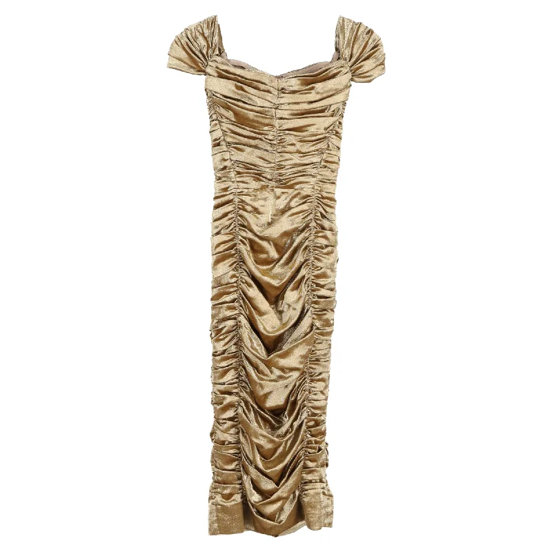 Deal Explosion Dolce & Gabbana Ruched Midi Dress in Metallic Gold Silk