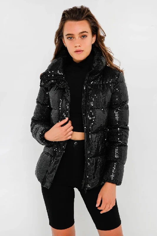Weekend Deal Unreal Fur WOMENS DESIRE SEQUIN PUFFER  JACKET BLACK