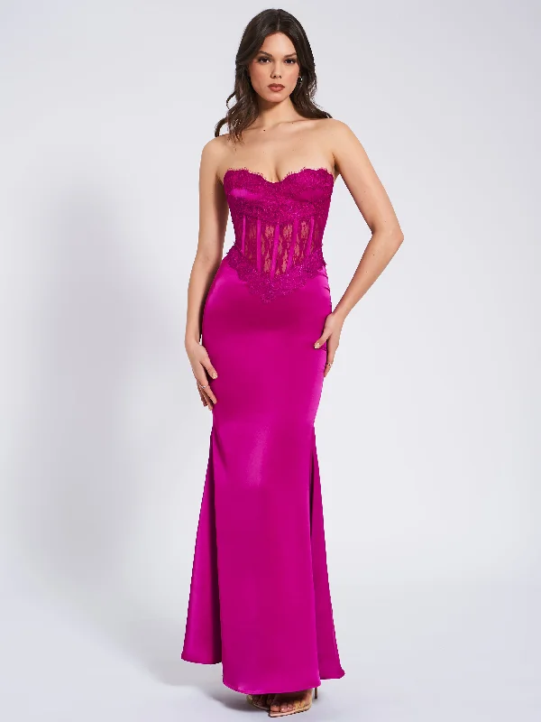 Special Savings Everleigh Fuchsia Lace Satin Corset Maxi Dress