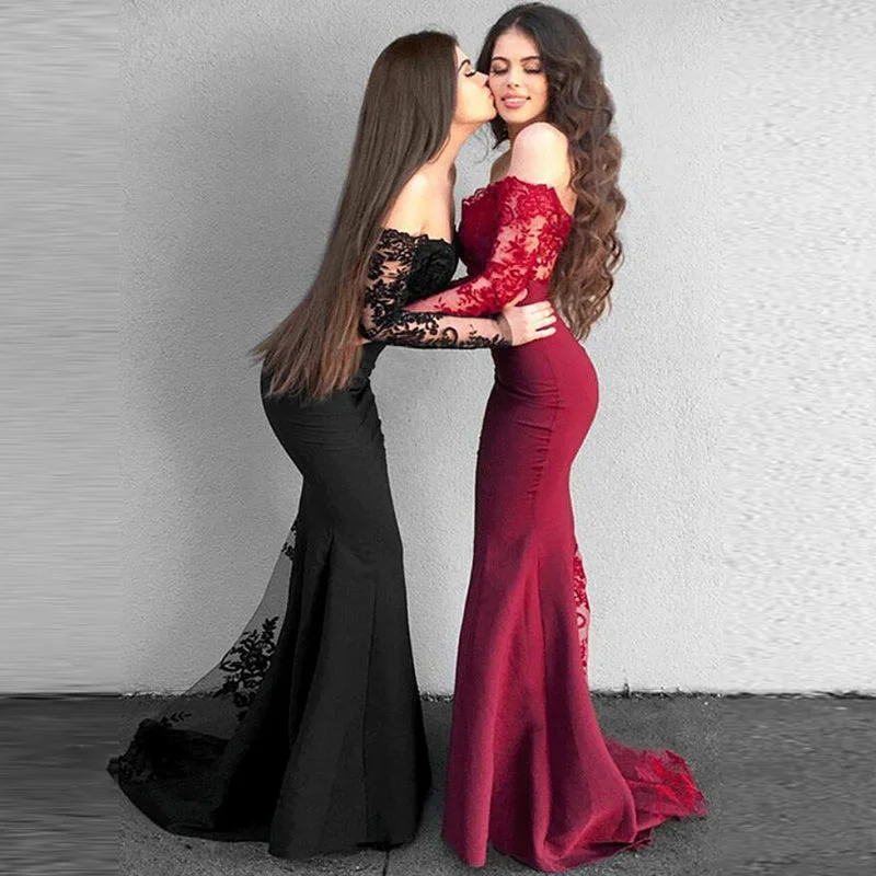 Exclusive Deal Burgundy /Black Off Shoulder Long Sleeves Mermaid Bridesmaid Dresses Lace Women Formal Evening Gown
