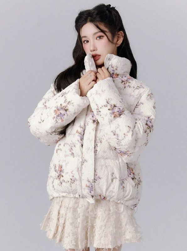 Discount Extravaganza Ethereal Bloom Winter Set: Floral Puffer Jacket and Pleated Lace Skirt