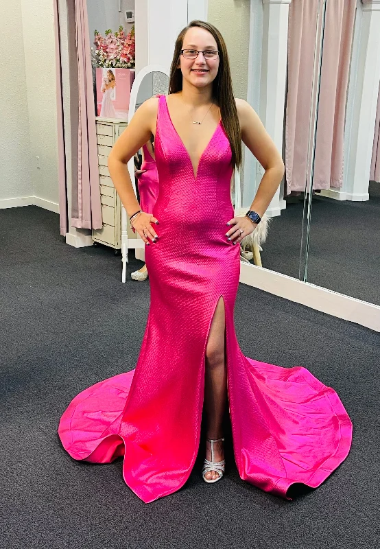 Early Access Jovani 06125 size 6 Hot Pink Metallic Prom Dress Sheer Slit Mermaid Sexy Pageant Gown Early Access Jovani 06125 size 6 Hot Pink Metallic Prom Dress Sheer Slit Mermaid Sexy Pageant Gown