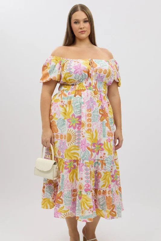 Low Prices Multi Abstract Midi Dress Short Sleeve Tiered
